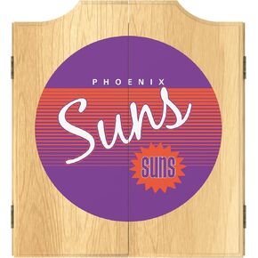 Trademark Global Dart Board Cabinet Set - Phoenix Suns Hardwood Classics Dart Board with 6 Steel Tip Darts, Scoreboard, Hanging Wood Cupboard