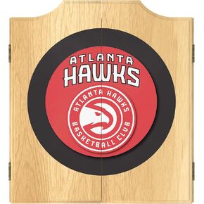 Trademark Global Dart Board Cabinet Set - Atlanta Hawks Logo Dart Board with 6 Steel Tip Darts, Scoreboard, Hanging Wood Cupboard