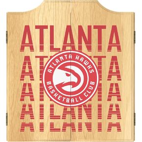 Trademark Global Dart Board Cabinet Set - Atlanta Hawks City Dart Board with 6 Steel Tip Darts, Scoreboard, Hanging Wood Cupboard