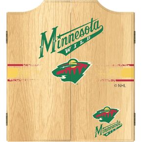 Trademark Global Dart Board Cabinet Set - Minnesota Wild Logo Dart Board with 6 Steel Tip Darts, Scoreboard, Hanging Wood Cupboard