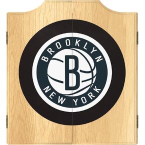 Trademark Global Dart Board Cabinet Set - Brooklyn Nets Logo Dart Board with 6 Steel Tip Darts, Scoreboard, Hanging Wood Cupboard