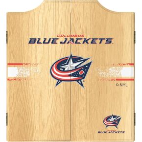 Trademark Global Dart Board Cabinet Set - Columbus Blue Jackets Logo Dart Board with 6 Steel Tip Darts, Scoreboard, Hanging Wood Cupboard
