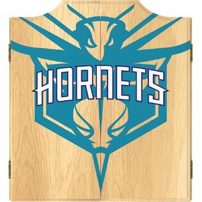 Trademark Global Dart Board Cabinet Set - Charlotte Hornets Fade Dart Board with 6 Steel Tip Darts, Scoreboard, Hanging Wood Cupboard