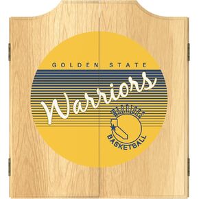 Trademark Global Dart Board Cabinet Set - Golden State Warriors Hardwood Classics Dart Board with 6 Steel Tip Darts, Scoreboard, Hanging Wood Cupboard