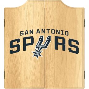 Trademark Global Dart Board Cabinet Set - San Antonio Spurs Logo Dart Board with 6 Steel Tip Darts, Scoreboard, Hanging Wood Cupboard