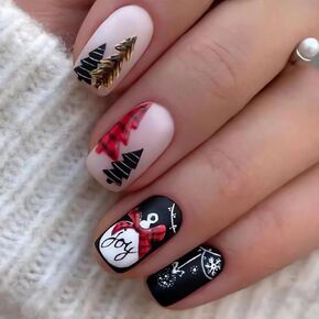 French Tip Christmas Press on Nails Short Square Fake Nails Black Red Santa's Hat Acrylic Glue on Nails Full Cover Short Christmas Stick on Nails Winter Holiday Artificial Nails for Women, 24Pcs