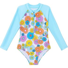 Angel season Girls Long Sleeve Swimsuits One Piece Rash Guard Bathing Suit UPF50+ Toddler Kids Zipper Swimwear Size 2-10