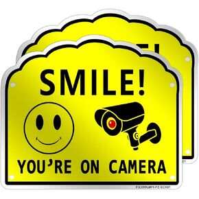 2-Pack Smile Monitor 24 hours video surveillance signs outdoor, UV Printed .040 Mil Rust Free Aluminum 10 x 7 in, Security camera sign for home, Business, Driveway Alert, CCTV