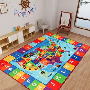 USA Map ABC Kid Rug 39.4"×63" Educational Baby Playmat for Playroom Primary School Nylon Surface Non-Slip TPR Backing Preschool Rugs for Classroom Interactive Learning