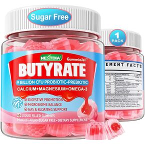 Butyrate Gummies with Probiotic + Prebiotic + Postbiotic - 9 Billion CFU Probiotics with Fiber, Calcium & Magnesium, Omega-3, Inulin, Psyllium Husk for Digestive Health, Bloating Support, Sugar Free