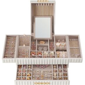 SONGMICS HOME ANAH Collection - 2-Tier Jewelry Box with Mirror, Large Capacity Jewelry Organizer with a Drawer, PU Surface with Stitching, 10.6 x 15 x 6.3 Inches, Gift, Cloud White UJBC184W01
