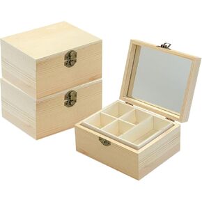 3 Pack Unfinished Surface Wood Jewelry Box (6x4.7x3 in) Small Wooden Chest Case with Glass Mirror