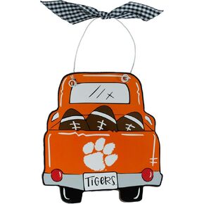 Clemson University Tigers Wooden Ornament - Pick-up Truck, Footballs & Team Logo Design w/Plaid Ribbon by Magnolia Lane - Hanging Home Decor, Gift for for Tigers Fans, Students or Alumni