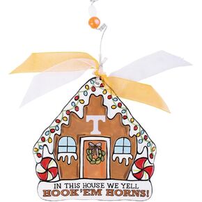 Glory Haus University of Texas in This House, We Yell Hook 'Em Horns! Collegiate Block Christmas Tree Ornament - Ceramic Hand-Painted Ready for Hanging Christmas Tree Decorations 5"x5" in Elegant Box