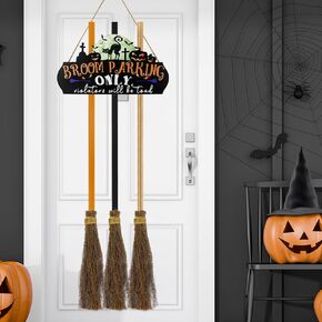 Halloween Decorations Indoor & Outdoor - Witch Broom Parking Sign with 3 Wood Brooms - Hanging Hocus Pocus Decor - Cute Halloween Decor for Front Porch Door Wall Home Office