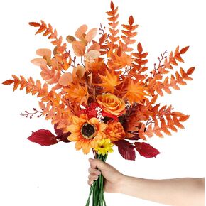 Sggvecsy Artificial Fall Flowers Autumn Floral Stems Fake Silk Bouquets with Maple Leaves Orange Sunflower Fall Eucalyptus Branches for DIY Arrangement Table Home Wedding Thanksgiving Decor