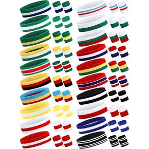 60 Pcs Striped Sweatband Kit 40 Pcs Sports Wristband and 20 Pcs Headband, Cotton Stripe Headband Wristband Set Moisture Sweat Absorbing Headbands Wristbands for Gym Tennis Workout Men Women Boys Girls