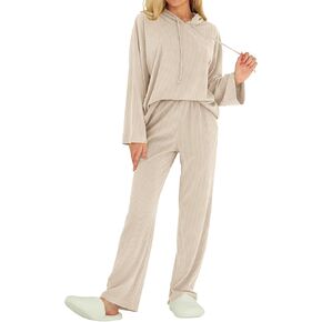 MASCOMODA Fall Two Piece Outfits for Women Ribbed Knit Lounge Set Long Sleeve Hoodie Pullover Tops Wide Leg Pants Tracksuit