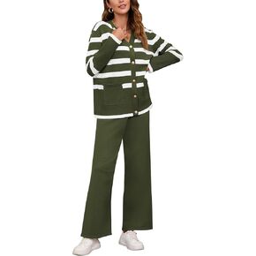Viottiset Women's 2 Piece Outfits Stripe Sweatsuit Set Long Sleeve Button Sweatshirt Wide Leg Sweatpants Lounge Set