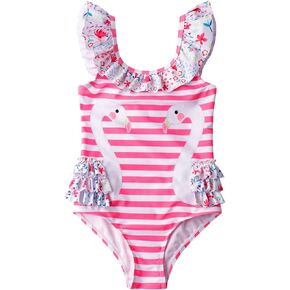 LIZENS Girls One Piece Swimwear Cute Swimsuit Pink Striped Print Ruffle Bathing Suit for Kids