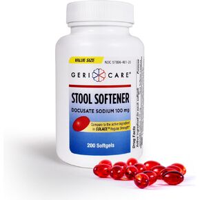 GeriCare Docusate Sodium Stool Softener (200 Softgels)- 100mg Gentle Stimulant Laxative Softgels for Men & Women- Constipation Relief Stool Softener Capsules- Adults Daily Bowel Movement Laxative