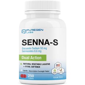 Puregen Labs Senna-S Natural Vegetable Laxative Plus Stool Softener Dual Action - 250 Tablets Senna Plus | Gentle Dependable Overnight Relief of Occasional Constipation