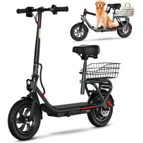 TST Electric Scooter with Seat for Adult, 20 Miles Range&19 Mph Power by 650W Peak Motor, 12" Pneumatic Tire&Height Adjustable Seat, Foldable Commuter Scooter with Hook&Carry Basket