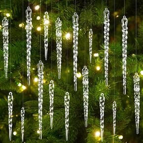 24pcs Christmas Tree Crystal Decorations 4 Styles Clear Acrylic Xmas Tree Icicle Hanging Ornaments for Christmas New Year Holiday Wedding Winter Party Decor