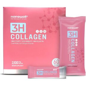 3H Collagen Peptide Powder - Types I, II, & III with Vitamin C, Hydrolyzed Elastin Peptide & Hyaluronic Acid - Supports Hair, Skin, Nails, Joints & Bones - 60 Sticks, 30 Day Supply