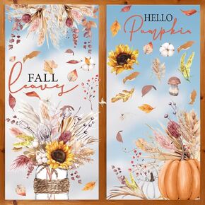 Horaldaily 50 PCS Fall Window Cling Sticker, Thanksgiving Autumn Harvest Colorful Leaves Pumpkin Wheat Sunflower Home Party Supplies Shop Window Glass Display Decoration