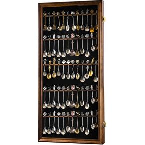 60 Souvenir Tea Spoon Display Case Collection Collector Rack Wall Mount Wooden w/98% UV Acrylic Door Lockable（Fire Burning Color） (60Spoon)