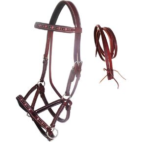 CHALLENGER Horse Western Leather Beaded Bitless Sidepull Bridle Reins 77RS05PK-F