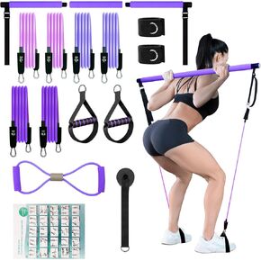 Pilates Bar Kit with Resistance Bands - Workout Equipment Home Gym, Pilates Bar with Extension Straps, 3 Tension Rods, 6 Exercise Bands, Door Anchor, for Women and Men