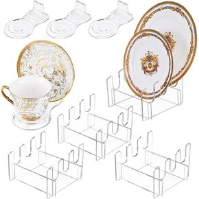 8 Pcs Acrylic Dinnerware Display Stand 4 Pcs 3 Tiers Acrylic China Plate Display Stand Clear Dinnerware Easel Plate Holder for Display and 4 Pcs Transparent Plastic Tea Cup Display Stand for Cabinet Home Supplies