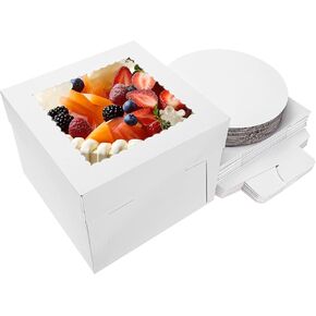 Cake Boxes 10x10x8 Inch, Tall Cake Boxes with Cake Boards（12pcs Boxes and 12pcs Boards）, Cake Box Bakery Boxes With Window for Cake Cookie Pastries Decorating