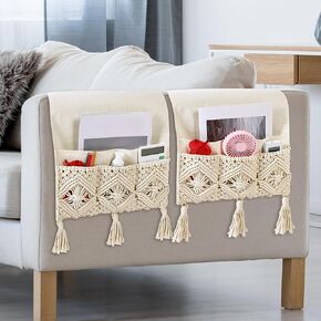 2 pcs Macrame Bedside Caddy Organizer Hanging Boho Remote Control Holder Couch Bedside Armchair Caddy Storage Basket Bag Tablet Magazine Holder for TV Remote Control Living Room