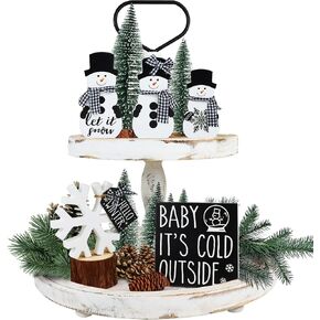 Christmas Winter Tiered Tray Decor - Snowman with Buffalo Plaid Ribbon, Wooden Snowflake, Square Xmas Sign for Home Indoor Table Shelf Decorations
