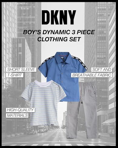 DKNY Boys' Pants Set - 3 Piece Short Sleeve Button Down, T-Shirt, Twill Flat Front Pants - Clothing Set for Boys (2T-7) in Saudi Arabia