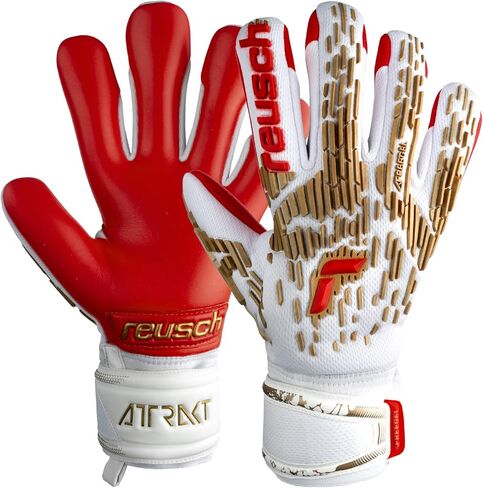 Reusch Attrakt Freegel قفازات حارس المرمى لدعم الأصابع، أبيض/ذهبي/أحمر ناري، مقاس 9 in Kuwait