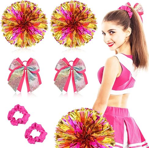 WXJ13 6 قطع من كرات بوم التشجيع، فيونكة شعر كبيرة للتشجيع، طوق شعر كبير، كرات معدنية من رقائق معدنية لتشجيع الألعاب الرياضية لفريق روح الفريق (ذهبي وأحمر وردي) in Kuwait