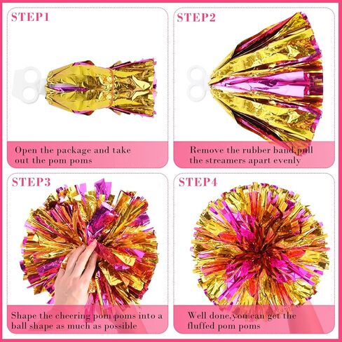 WXJ13 6 قطع من كرات بوم التشجيع، فيونكة شعر كبيرة للتشجيع، طوق شعر كبير، كرات معدنية من رقائق معدنية لتشجيع الألعاب الرياضية لفريق روح الفريق (ذهبي وأحمر وردي) in Kuwait