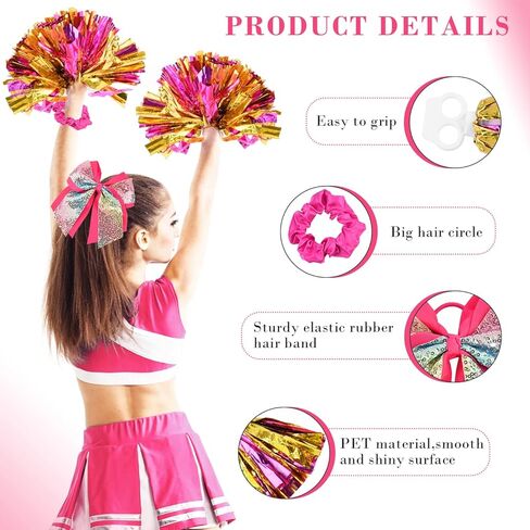 WXJ13 6 قطع من كرات بوم التشجيع، فيونكة شعر كبيرة للتشجيع، طوق شعر كبير، كرات معدنية من رقائق معدنية لتشجيع الألعاب الرياضية لفريق روح الفريق (ذهبي وأحمر وردي) in Kuwait