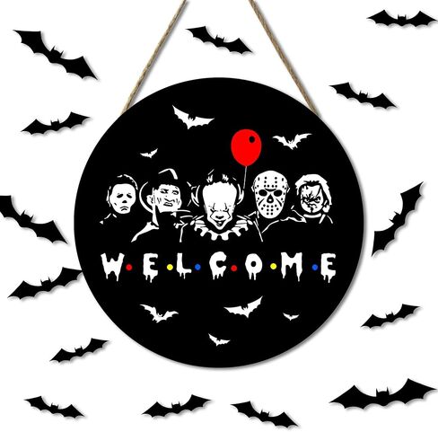 ENCHAN Halloween Door Sign Welcome Wooden Door Hanger Holiday Party Horror Decorating for Home Outdoor Indoor Decoration 12 x 12 inch（Black） in Saudi Arabia