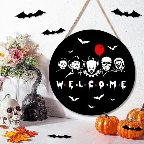 ENCHAN Halloween Door Sign Welcome Wooden Door Hanger Holiday Party Horror Decorating for Home Outdoor Indoor Decoration 12 x 12 inch（Black） in Saudi Arabia