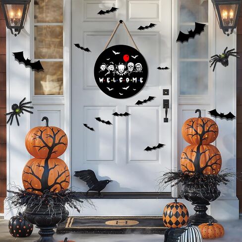 ENCHAN Halloween Door Sign Welcome Wooden Door Hanger Holiday Party Horror Decorating for Home Outdoor Indoor Decoration 12 x 12 inch（Black） in Saudi Arabia