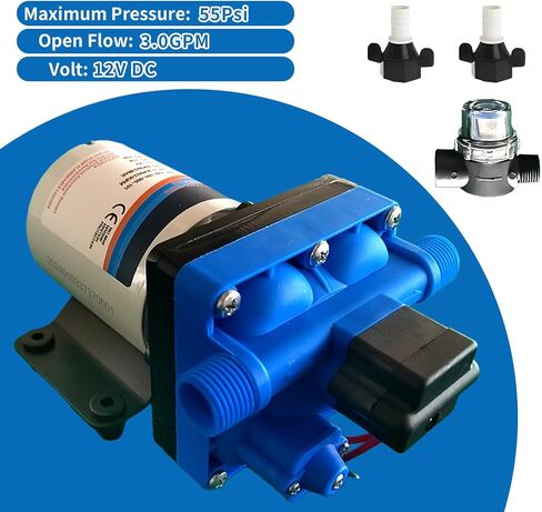 مضخة مياه عذبة RV 12 فولت تيار مستمر 3.0GPM 55PSI مفتاح ضغط مطور، مضخة غشاء ضغط مياه ذاتية التحضير 12 فولت عند الطلب لتصريف حمام السباحة حديقة الرش البحرية RV in Kuwait