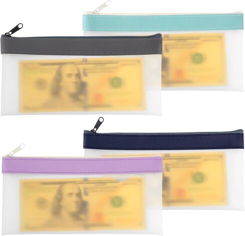 4 Pcs Money Pouches for Cash with Zipper, 7.7 x 3.9inch Reusable Clear Plastic Zipper Pouches Waterproof Cash Envelopes for Collectors Office Supplies (4 Colors) in Saudi Arabia
