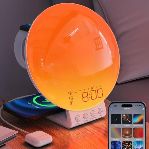 ساعة منبه ذكية لشروق الشمس - محطة شحن لاسلكية 3 في 1، متوافقة مع iPhone/Apple Watch/Airpods، مصباح غروب الشمس الأبيض وجهاز صوت ضوضاء، التحكم في التطبيق، ضوء الاستيقاظ، هدية للفتيات والأطفال in Kuwait