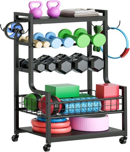 حامل أثقال للدمبل، رف دمبل بعجلات، رف تخزين لصالة الألعاب الرياضية المنزلية، منظمات رف الأثقال للدمبل، أجراس كيتل، تخزين سجادة اليوجا، أسطوانة إسفنجية، مع خطافات، أسود YL01BK in Kuwait
