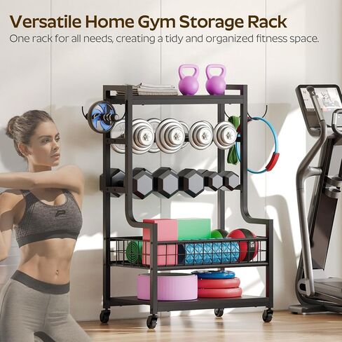 حامل أثقال للدمبل، رف دمبل بعجلات، رف تخزين لصالة الألعاب الرياضية المنزلية، منظمات رف الأثقال للدمبل، أجراس كيتل، تخزين سجادة اليوجا، أسطوانة إسفنجية، مع خطافات، أسود YL01BK in Kuwait